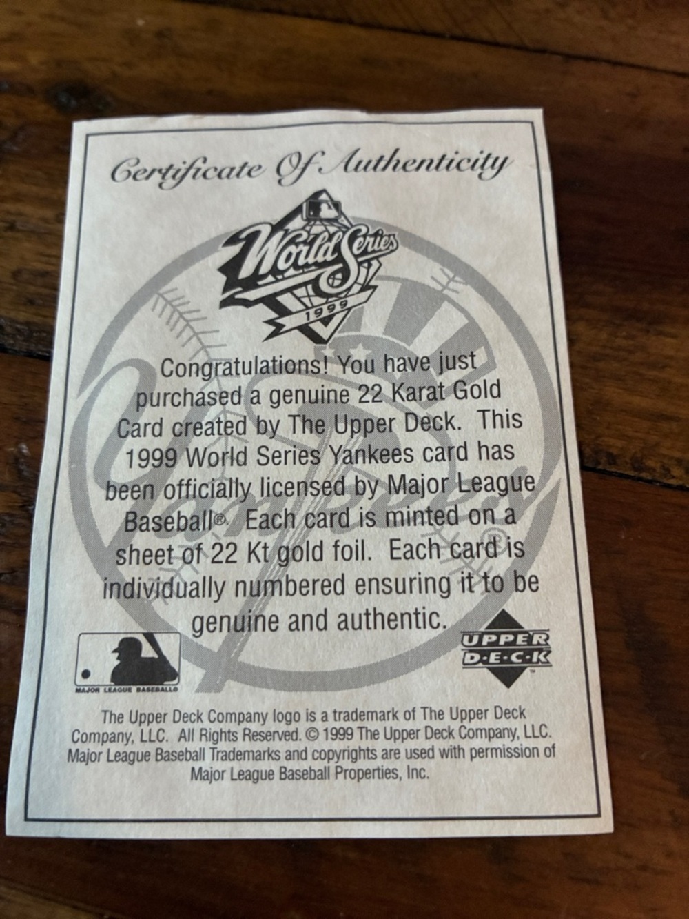 1999 Upper Deck New York Yankees 22KT Gold World Series Champions Card 797/9800 - Picture 4 of 6